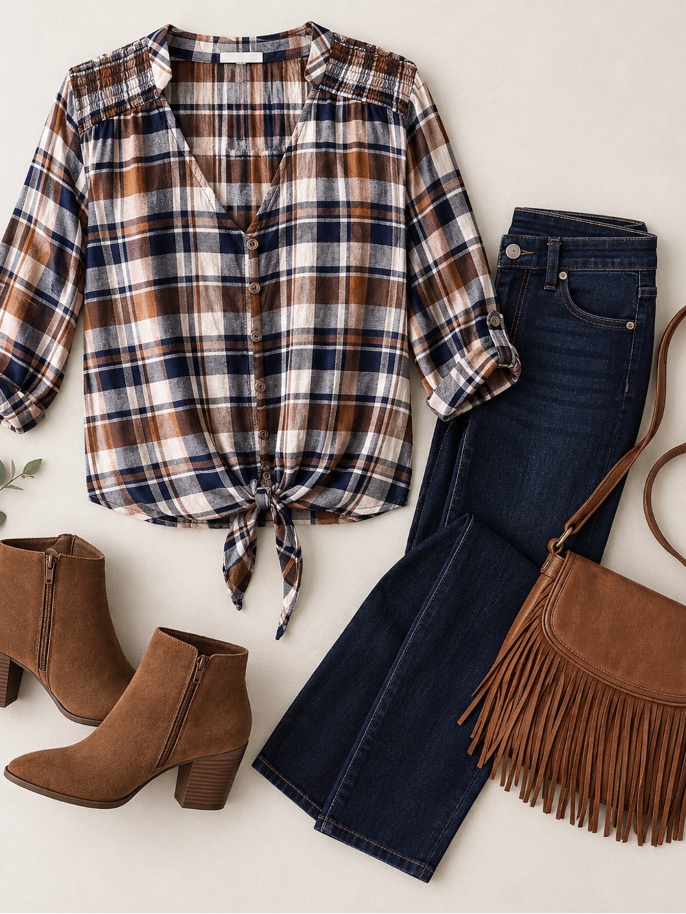 Lily White Brown Navy Plaid Smocked V-Neck Tie Shirt M